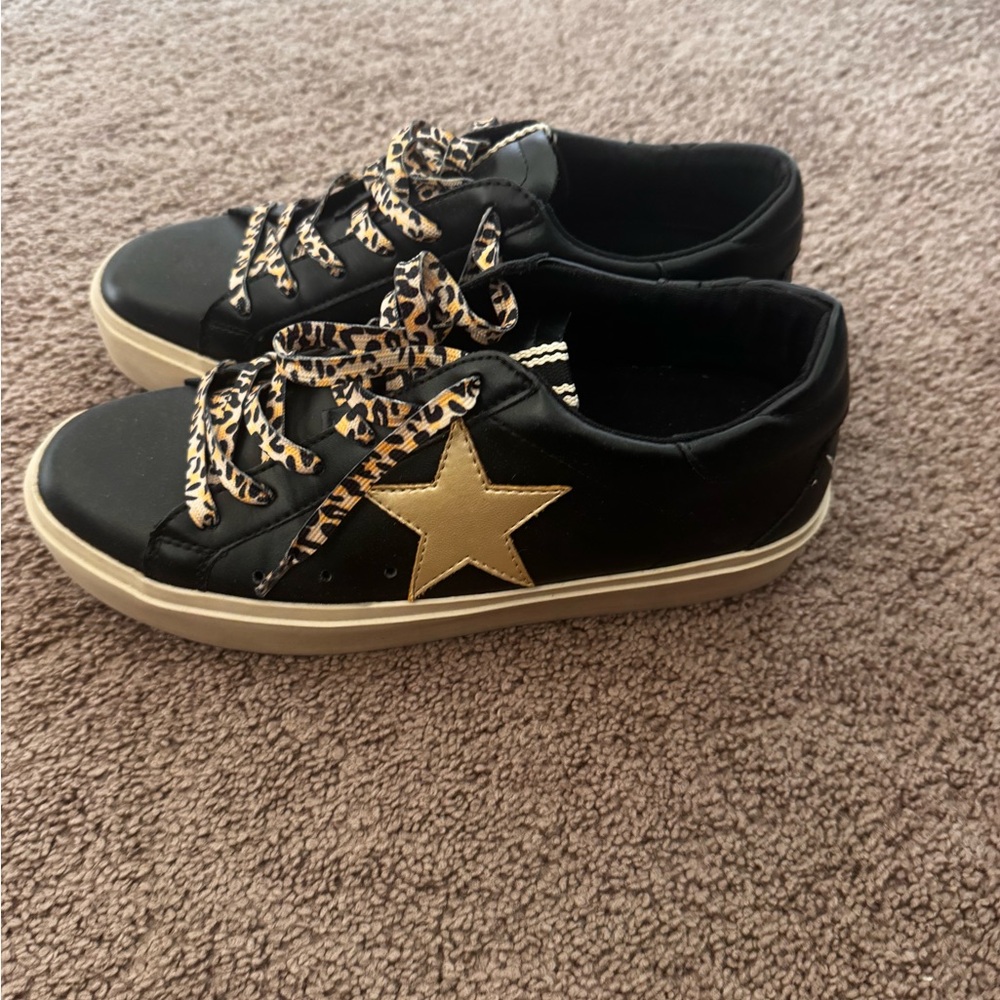 Black Sneakers with Gold Star and Leopard Laces